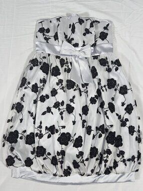 XS Strapless Bubble Mini Dress Lenovia Short Grey Black Rose Print Front Bow
